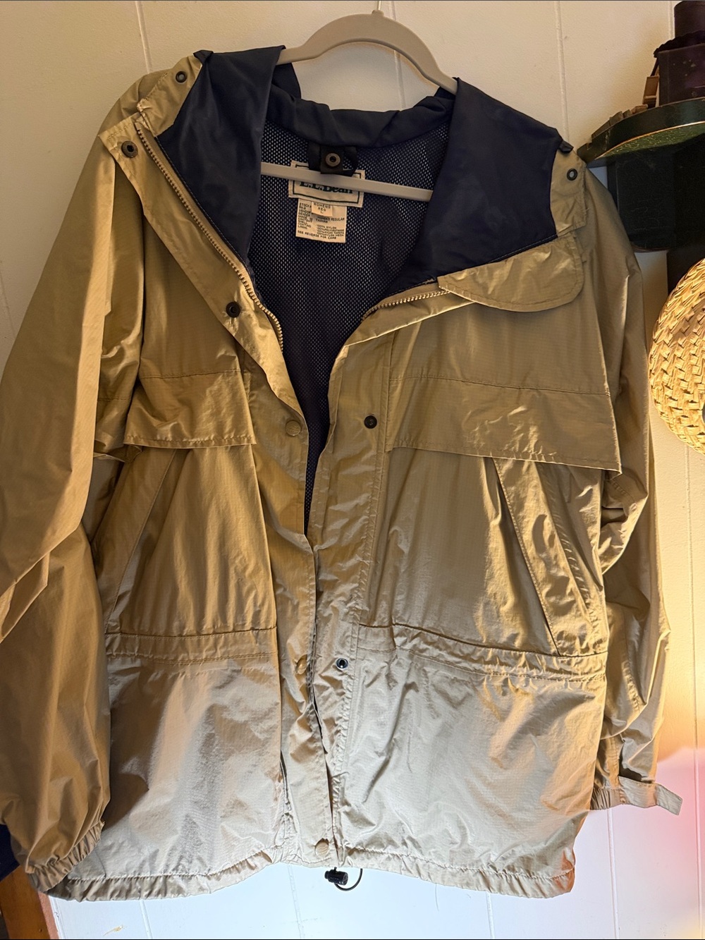 L.L. Bean Hooded Raincoat in Tan with Navy Lining